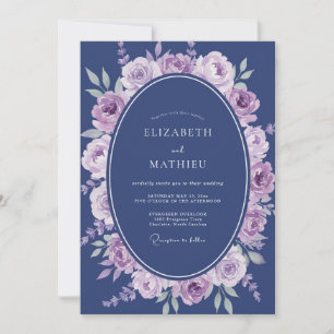 Lavender Navy Watercolor Floral Wedding Invitation