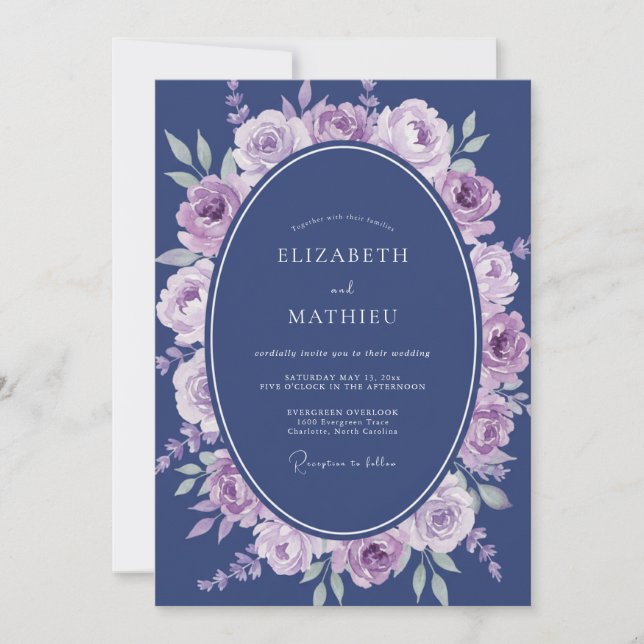 Lavender Navy Watercolor Floral Wedding Invitation (Front)