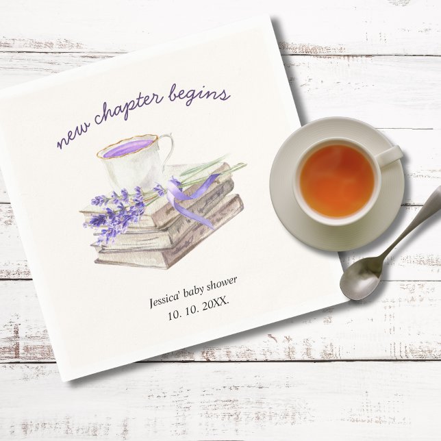 Lavender New Chapter Begins Tea Cup Baby Shower Napkin (New chapter begins personalized baby shower napkins)