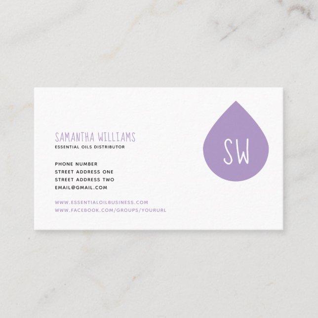 Lavender Oil Drop Initials Pattern Essential Oils Business Card (Front)