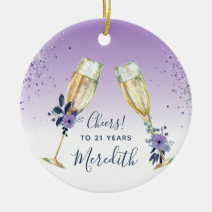 Lavender Ombre Teal Champagne Toast 21st Birthday Ceramic Tree Decoration