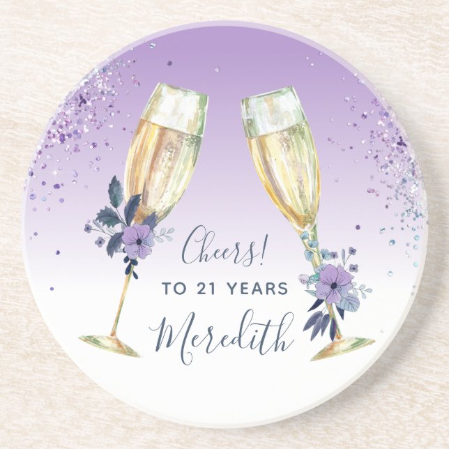 Lavender Ombre Teal Champagne Toast 21st Birthday Coaster (Front)