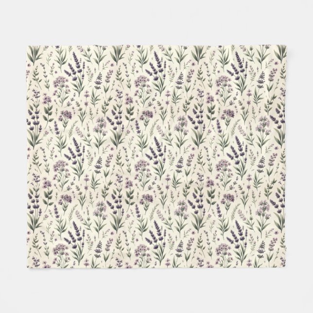 Lavender on Cream Vintage Floral Fleece Blanket (Front (Horizontal))