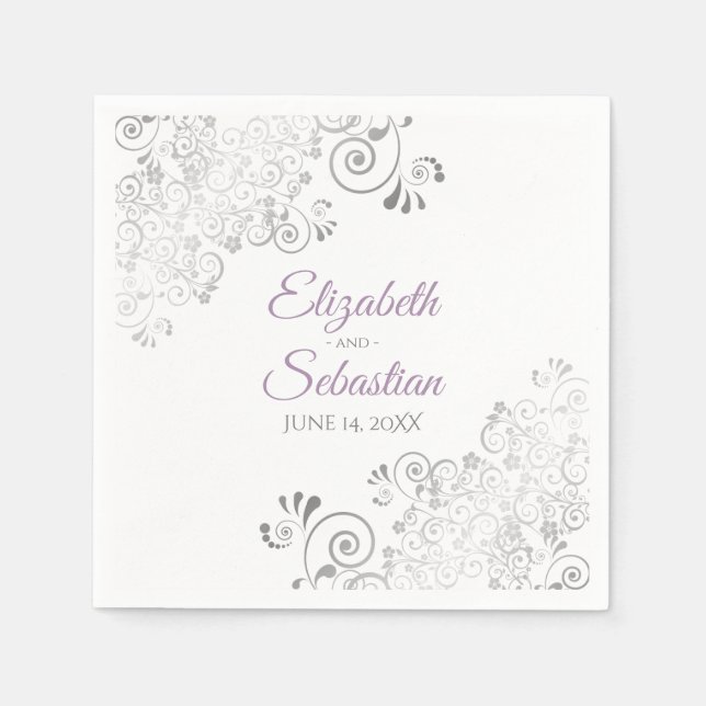 Lavender on White & Silver Frills Elegant Wedding Napkin (Front)
