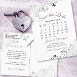 Lavender on White Wedding Save the Date Calendar Announcement Postcard<br><div class="desc">This beautiful save the date postcard will give your friends and family advance notice of your upcoming wedding. It features a clever design with a custom calendar where you can put a heart around your wedding date. The background is white, with light purple or lavender and gray text and decorative...</div>