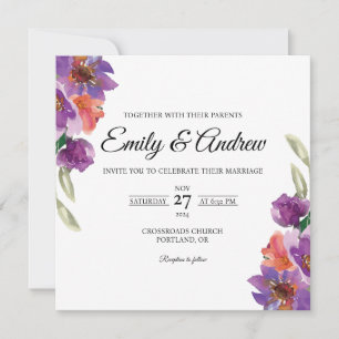 Lavender Orange Floral Watercolor Square Wedding Invitation