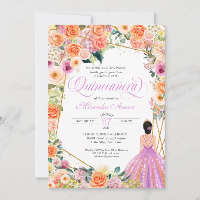 Lavender Orange Peach Floral Roses Quinceanera Invitation (Front)