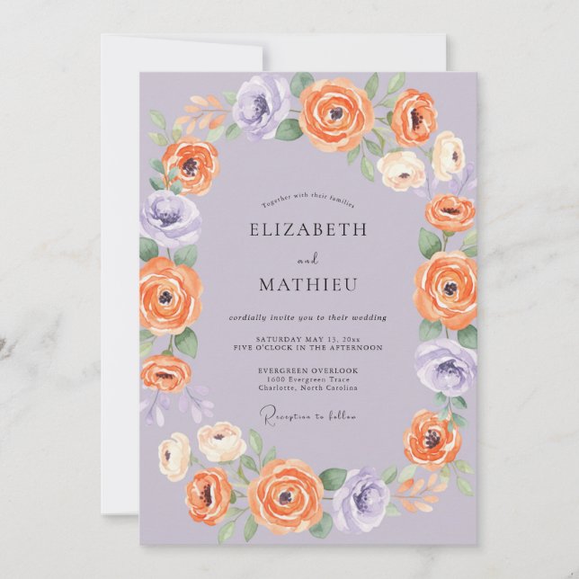 Lavender Orange Ranunculus Eucalyptus Wedding Invitation (Front)