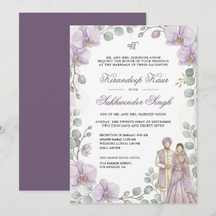 Lavender Orchid Watercolor Floral Sikh Wedding Invitation
