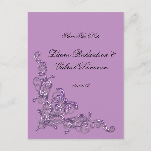 Lavender Ornate Jewelled Save The Date Announcement Postcard (Front)