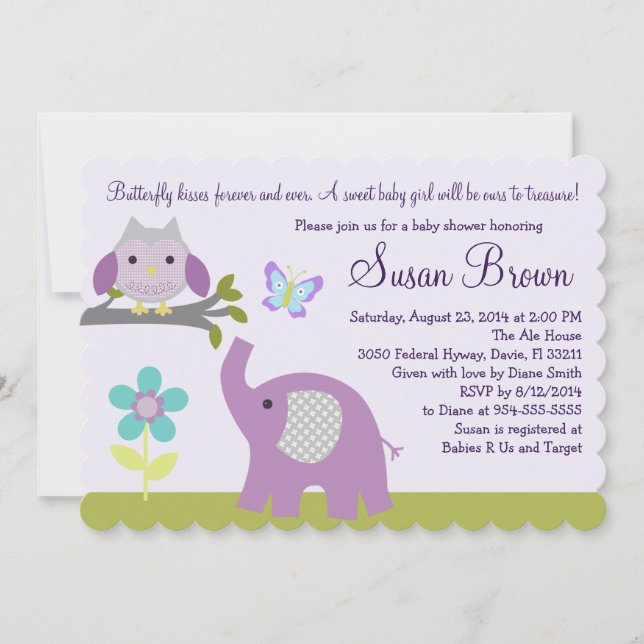 Lavender Owl Elephant Butterfly Baby Shower Invite (Front)
