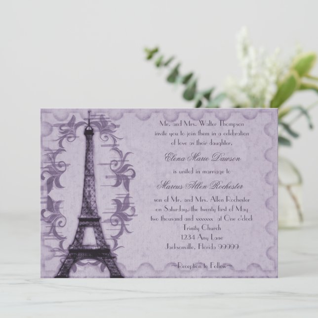 Lavender Paris Grunge Wedding Invitation (Standing Front)