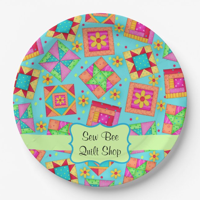 Lavender Patchwork Quilt Block Name Happy Birthday Paper Plate (Front)