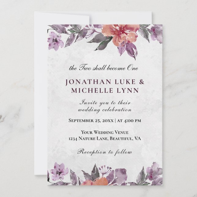 Lavender Peach Floral Watercolor Christian Wedding Invitation (Front)