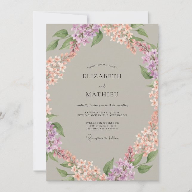 Lavender Peach Floral Wreath Wedding Invitation (Front)