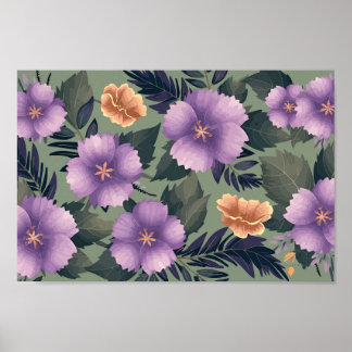 Lavender & Peach Flowers on Olive Green Background Poster