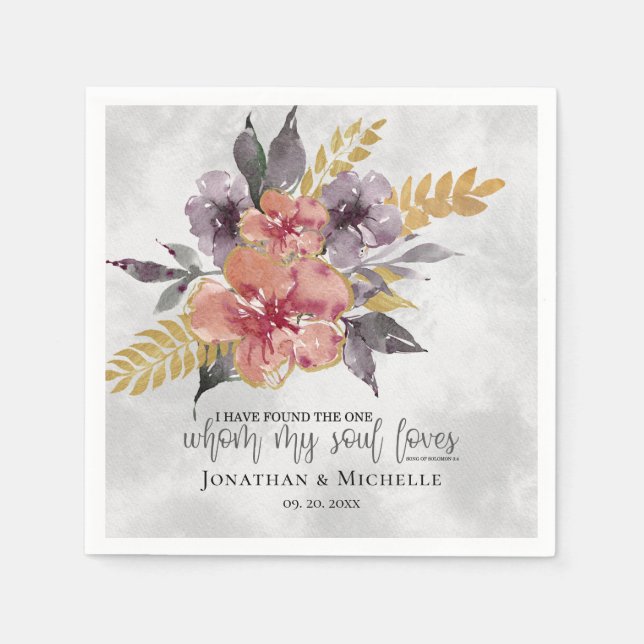 Lavender Peach Gold Floral Bible Verse Wedding Napkin (Front)