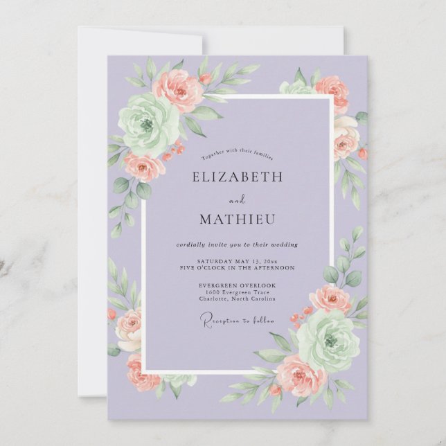 Lavender Peach Peony Wedding Invitation (Front)