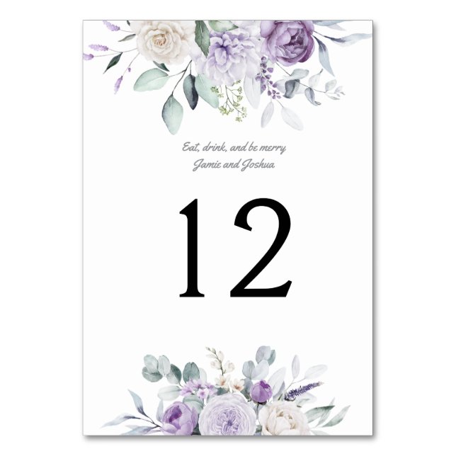 Lavender Peonies and Roses Wedding Table Number (Front)