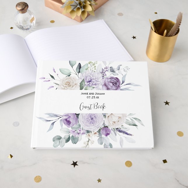 Lavender Peonies and White Roses Wedding Guest Book (Front Open)