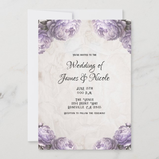Lavender Peony Flowers Vintage Rustic Wedding  Invitation (Front)