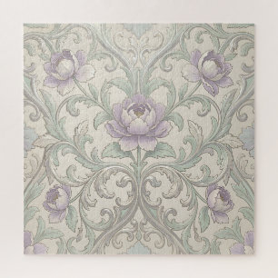 Lavender Peony Silver Scroll Ornate Floral Pattern Jigsaw Puzzle