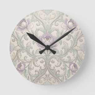 Lavender Peony Silver Scroll Ornate Floral Pattern Round Clock