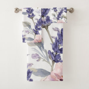 Lavender Peony Watercolor Floral Garden  Bath Towel Set