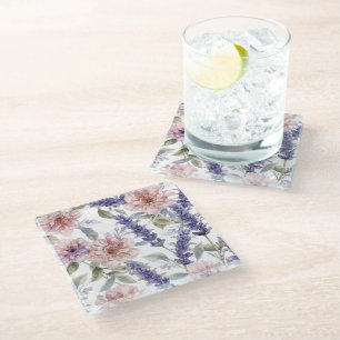 Lavender Peony Watercolor Floral Garden Glass Coaster