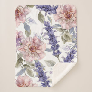 Lavender Peony Watercolor Floral Garden Sherpa Blanket