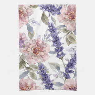Lavender Peony Watercolor Floral Garden  Tea Towel