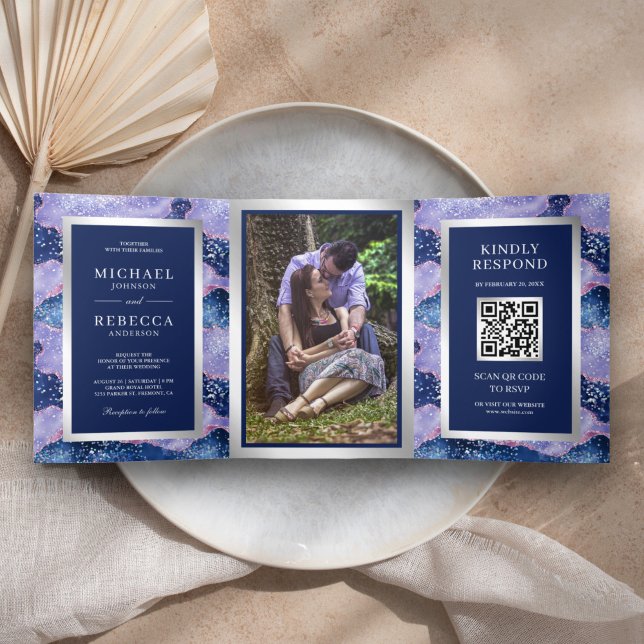 Lavender Periwinkle Agate Marble QR Code Wedding Tri-Fold Invitation (Creator Uploaded)