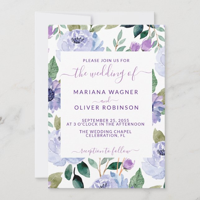 Lavender Periwinkle Floral Elegant Script Invitation (Front)