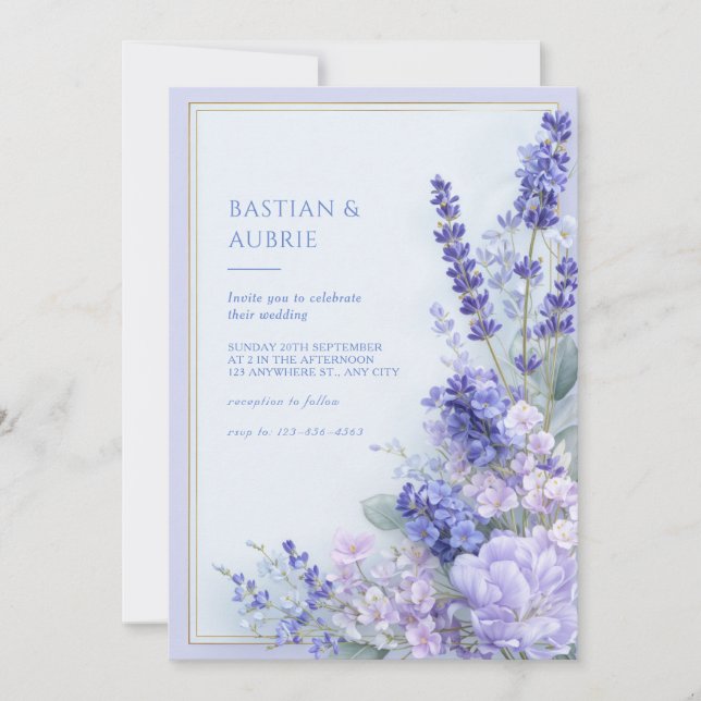 Lavender Periwinkle Gold Double Frame Wedding Invitation (Front)