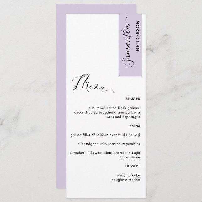 Lavender Personalised with Guest Name Elegant Menu (Front/Back)