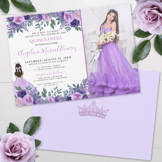 Lavender Photo Floral Purple Quinceanera  Invitation (Lavender Photo Floral Purple Quinceanera Invitation )