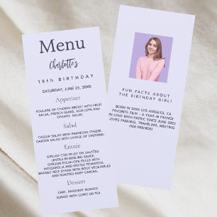 Lavender photo fun facts birthday menu card