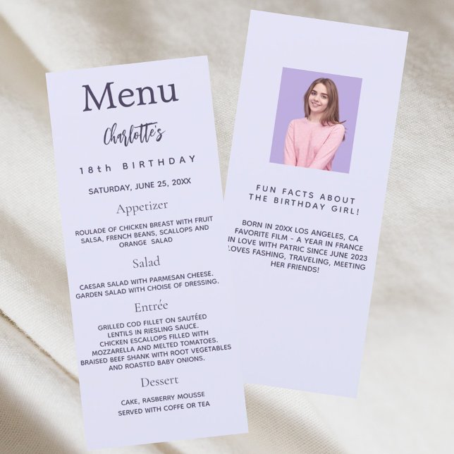 Lavender photo fun facts birthday menu card (Creator Uploaded)