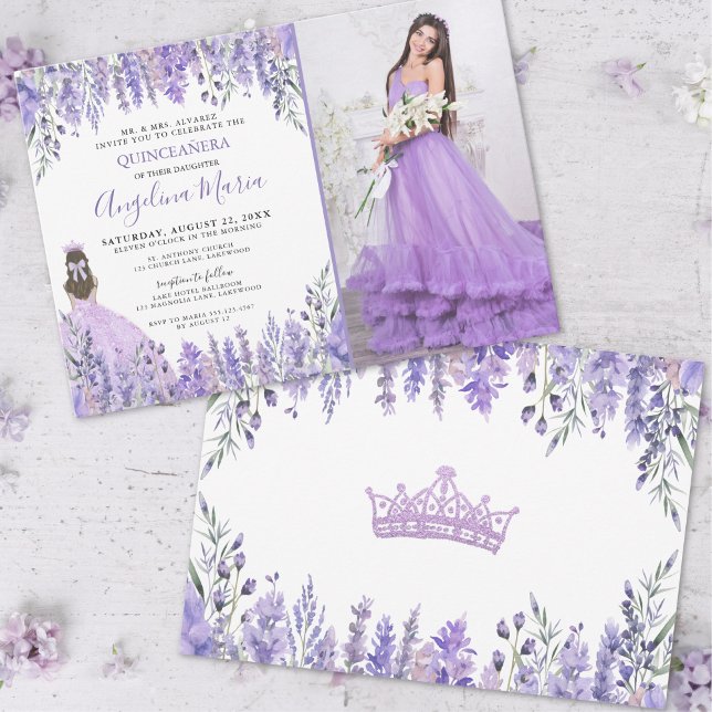 Lavender Photo Purple Floral Quinceañera Invitation (Lavender Photo Purple Floral Quinceañera Invitation)