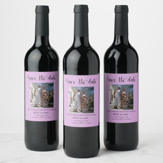 Lavender Photo Save the date Invitation Wine Label (Bottles)