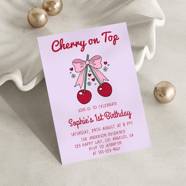 Lavender Pink Bow Cherry on Top 1st Birthday Invitation (Creator Uploaded)