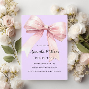 Lavender pink bow elegant birthday invitation
