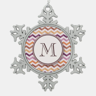Lavender Pink Chevron Stripes w/ Round Monogram Snowflake Pewter Christmas Ornament