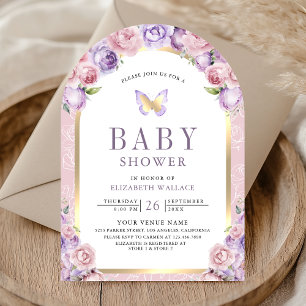 Lavender Pink Floral Arch Butterfly Baby Shower Invitation