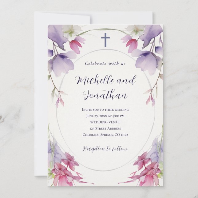 Lavender Pink Floral Bible Christian Cross Wedding Invitation (Front)