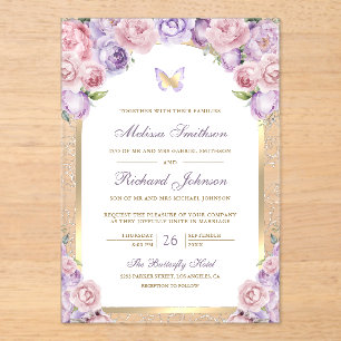 Lavender Pink Floral Gold Arch Butterfly Wedding Acrylic Invitations