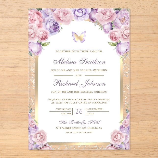 Lavender Pink Floral Gold Arch Butterfly Wedding Acrylic Invitations (Front)
