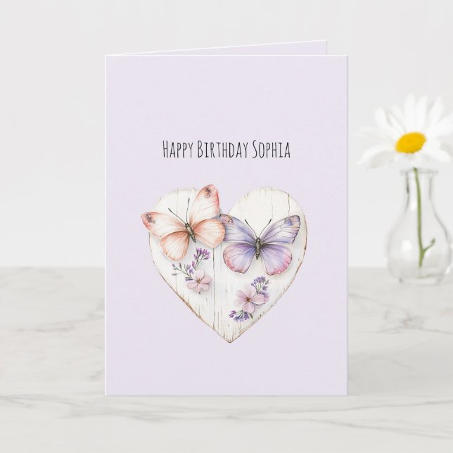 Lavender Pink Floral Heart Butterflies Birthday Card (Small Plant)
