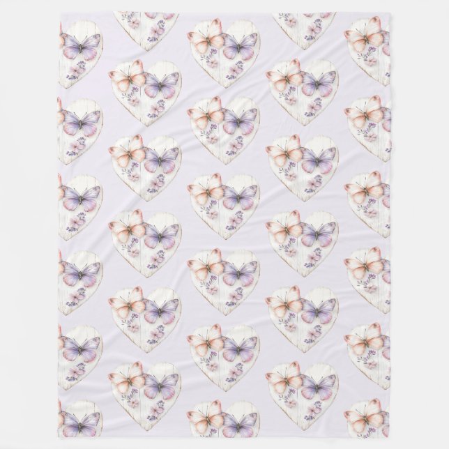 Lavender Pink Floral Heart Butterflies Birthday Fleece Blanket (Front)