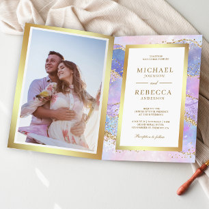 Lavender Pink Gold Agate Marble QR Code Wedding Invitation